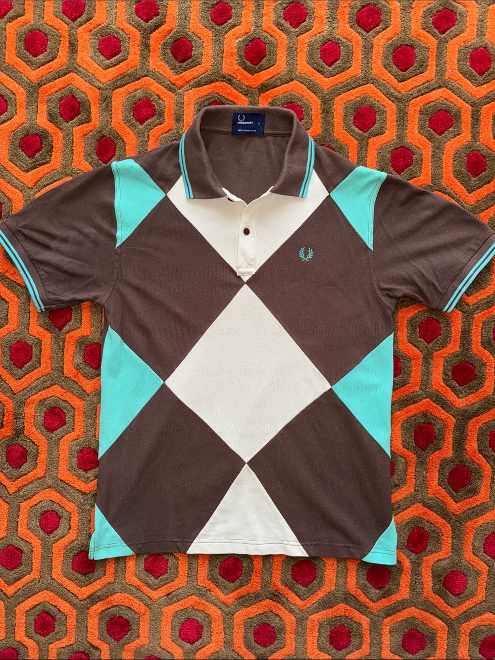 MAKE OFFER! Fred Perry Brown, Cream & Aqua Argyle Polo Shirt Men's L